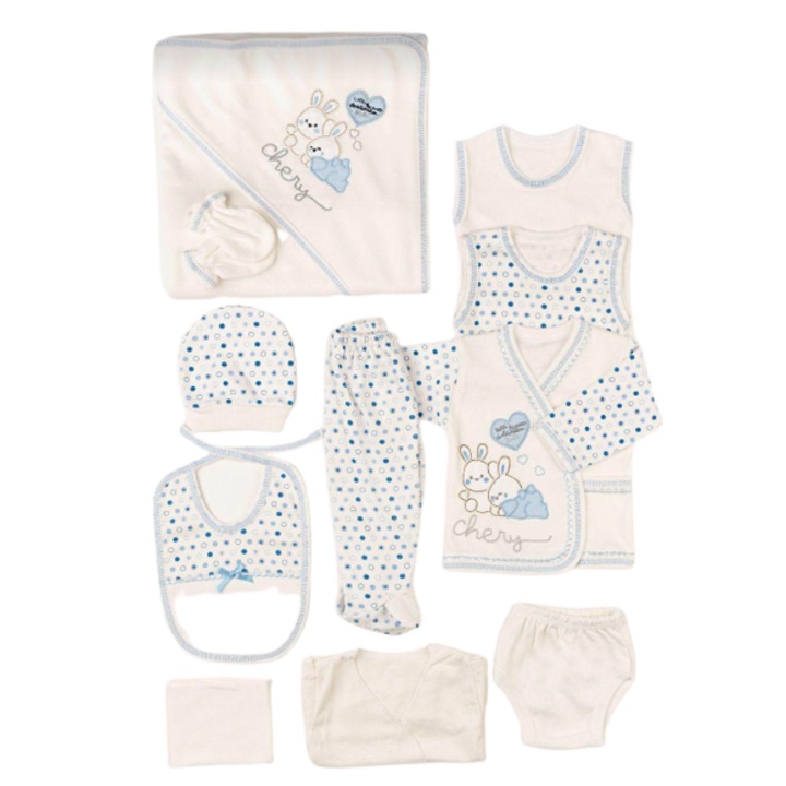 Set 10 piese nou nascut si bebelusi, Petino, 1-3 luni, model iepurasi, albastru