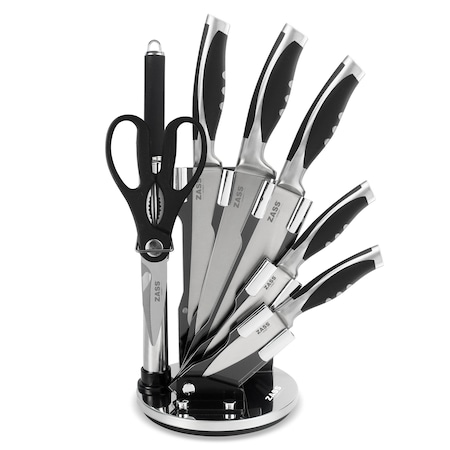 Set cutite 8 piese cu foarfeca, dispozitiv de ascutit si suport acrilic cu baza rotativa, Zass Gourmet ZG-KS 04, Inox negru
