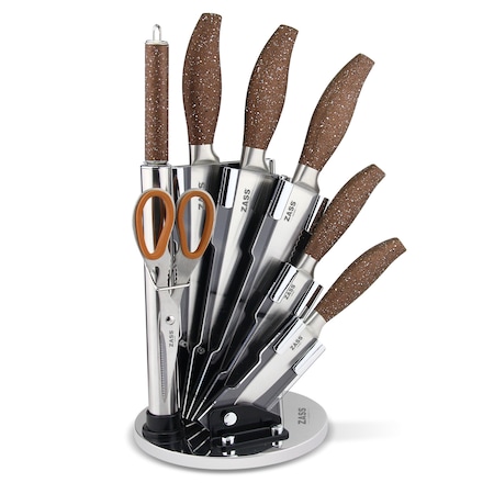 Set cutite 8 piese cu foarfeca, dispozitiv de ascutit si suport acrilic cu baza rotativa, Zass Gourmet ZG-KS 05, Inox maro