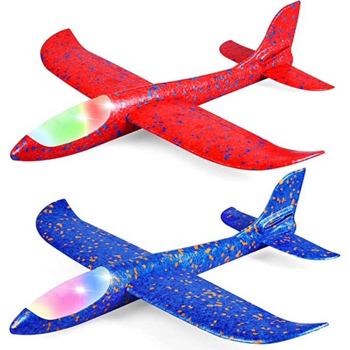 Set 2 Jucarii zburatoare, Avion cu lumini LED, 45 Cm, Rosu/Albastru