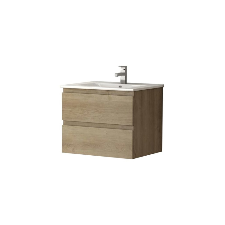 Set Mobilier baie suspendat Viena stejar natural Dulap, lavoar, oglinda, 60 cm lungime, MDF