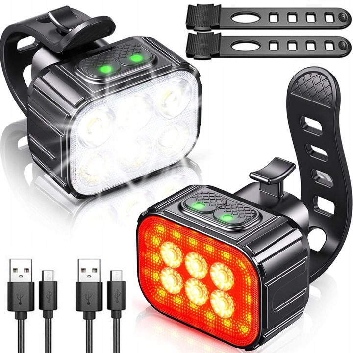 LED kerékpáros fényszóró és fékkészlet, szuper fényes, USB újratölthető, különböző világítási módok, vízálló IP65, fekete