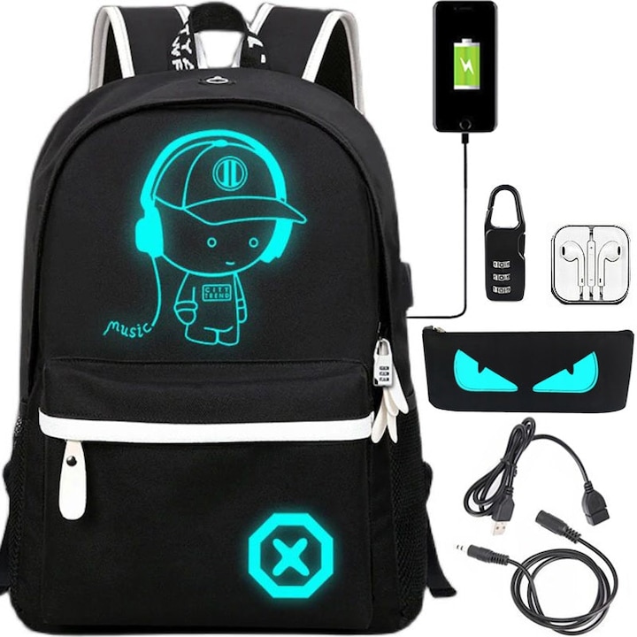 Раница Music Boy Design, интелигентна ученическа чанта, фосфоресцираща, премиум качество, USB удължител за зареждане, жак за слушалки, защита против кражба, водоустойчива, черна