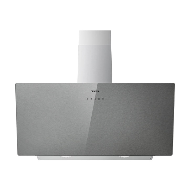 Вертикален аспиратор Ciarra, CBCS9736H-S, 90 cm, 650 m³/h, клас A++, ниска консумация, 4 нива на мощност, функция Booster, LED светлини, алуминиев филтър против омазняване, включена инсталация в комплекта , сребро