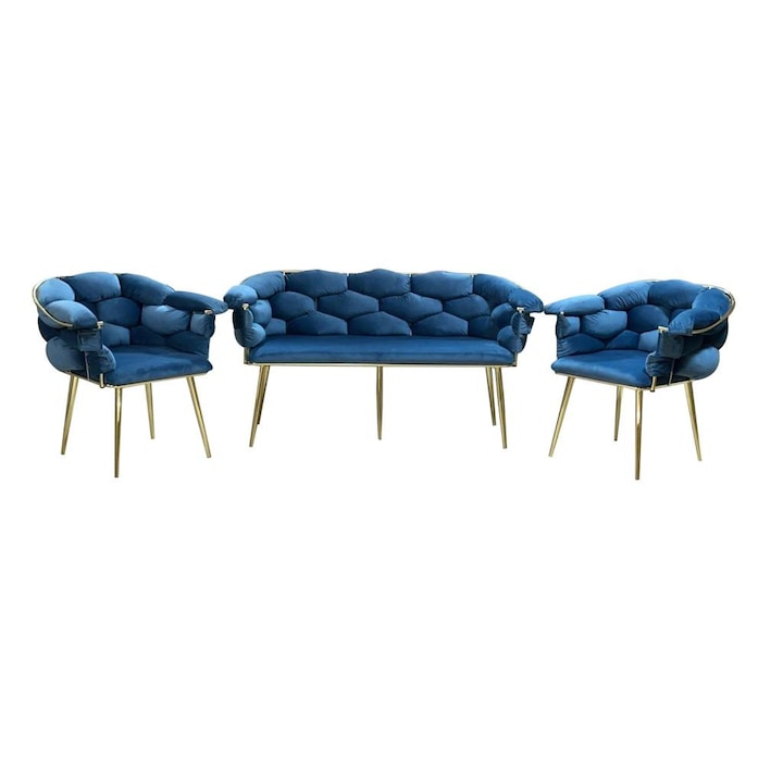 Set canapea 2 locuri cu 2 fotolii modern luxury 5 globalmobila textil catifelata1430x640x800 mm turcuaz