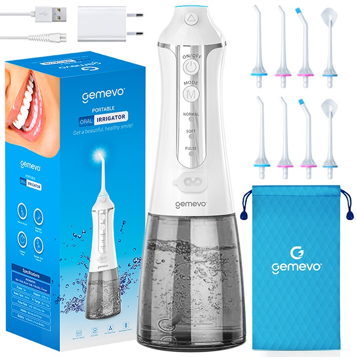 Professzionális szájöblítő szájzuhanyhoz, Gemevo, vezeték nélküli, hordozható, IPX7, túlmelegedés elleni védelem, 300 ml-es tartály, fehér/szürke szín