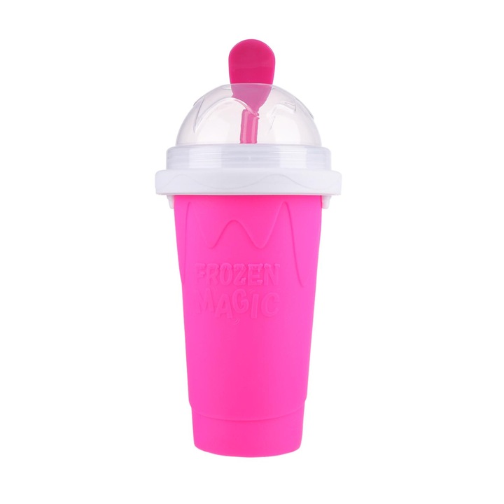Pahar Din Silicon Cu Racire Rapida Pentru Preparare Ice Juice/Milkshake/Slushy, Frozen Magic Squeeze Cup, Roz, 250 ml