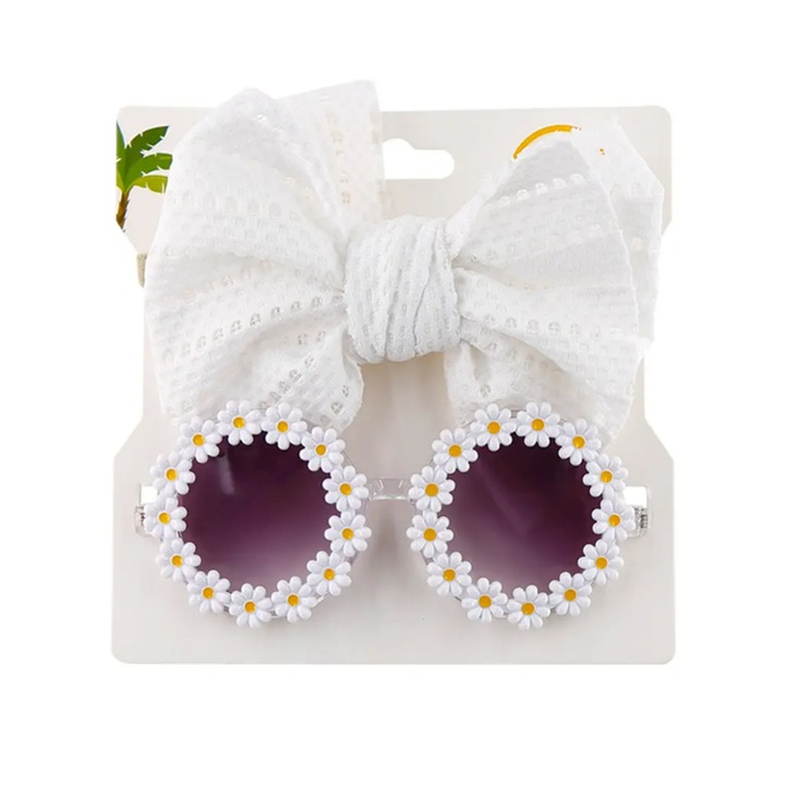 Комплект слънчеви очила за момичета и панделка на косата EFAYN.RO, Зелен, Универсален, Бял