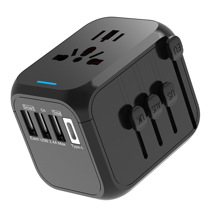 Adaptor incarcator, convertor priza universal de calatorie cu 3 USB si 1 Type-C All in One pentru US, UK, EU, Australia si Asia, Negru