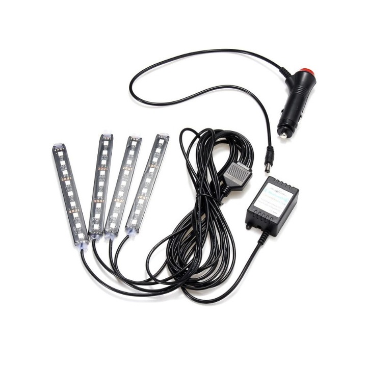 Kit iluminare ambientala auto banda LED RGB, interior masina, 4 benzi, multicolor, 12V, aplicatie dedicata iOS, Android, Reflection Vision®
