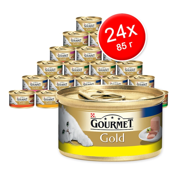 Храна за котки в зряла възраст PURINA® GOURMET® Gold, Микс Месо, 4 рецепти, Мокра храна, Консерва, 24х85 g