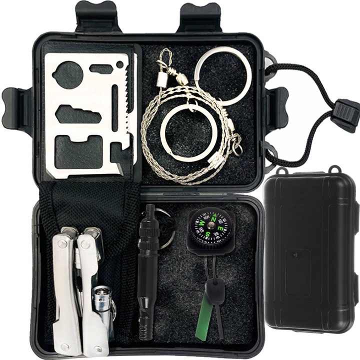 Kit Supravietuire 7 in 1, "LikeSmart Survivor", Busola, Lanterna, Fierastrau, Card Multifunctional, Fluier, Negru