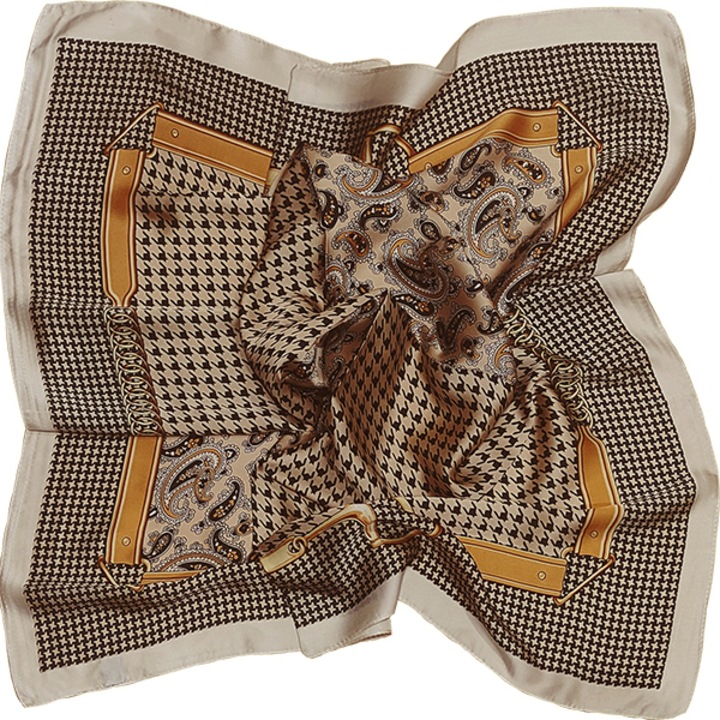 Esarfa Patrata de dama, 100% Matase, cu design Houndstooth, 70x70 cm, bej