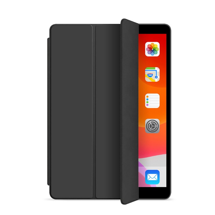 Силиконов калъф за таблет, тип книга за Apple iPad 9 10.2'', пълна защита с функция за стойка, близо до сън, най-високо качество, мек на допир, издръжлив, черен