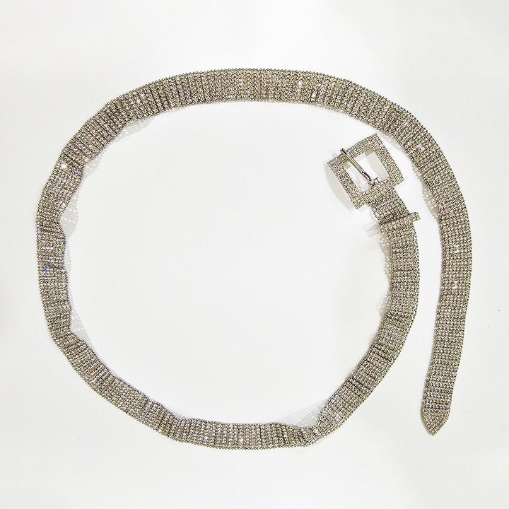 Метален колан Madeira, с ръчно изработени кристални кристали, кръгла катарама, Сребрист, 100