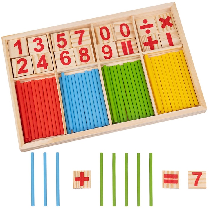 Set Educativ din Lemn tip Montessori "LikeSmart Intelligent Sticks", Betisoare Colorate pentru Numaratoare, Cifre si Semne Matematice