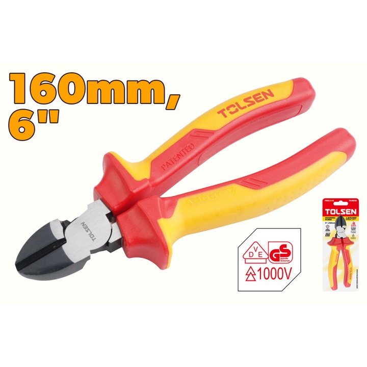 Cleste taietor izolat TOLSEN VDEline Premium, 160mm, Cr-V, 1000V, Parghie excentrica pentru taiere usoara, Certificat VDE/GS, Conform EN60900, Maner 2 componente antialunecare, Finisaj negru Crome vanadium Galben, Cleste profesionala certificata VDE