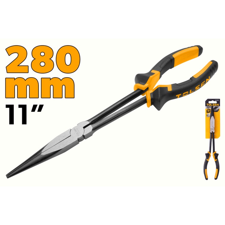 Cleste cu varf lung TOLSEN 280 mm (11"), Ascutit si drept, Otel forjat, Mandrine zimtate, Finisaj negru lustruit, Maner 2 componente, Acces in spatii inguste, varf ascutit pentru acces in spatii inguste, otel forjat cu rezistenta ridicata la uzura