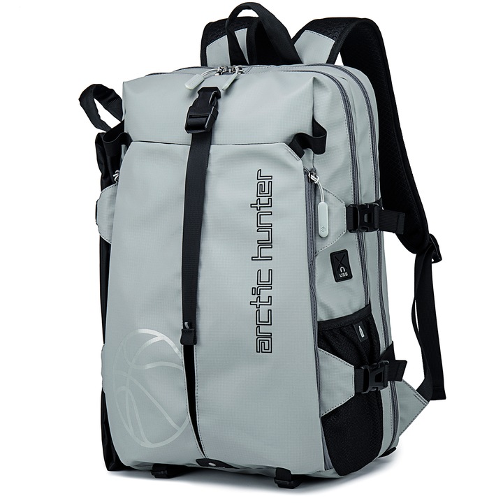 Rucsac laptop 15,6", impermeabil, multifunctional, pentru activitati sportive sau excursii, cu plasa pentru minge, Arctic Hunter, 29x19x47 cm, Gri