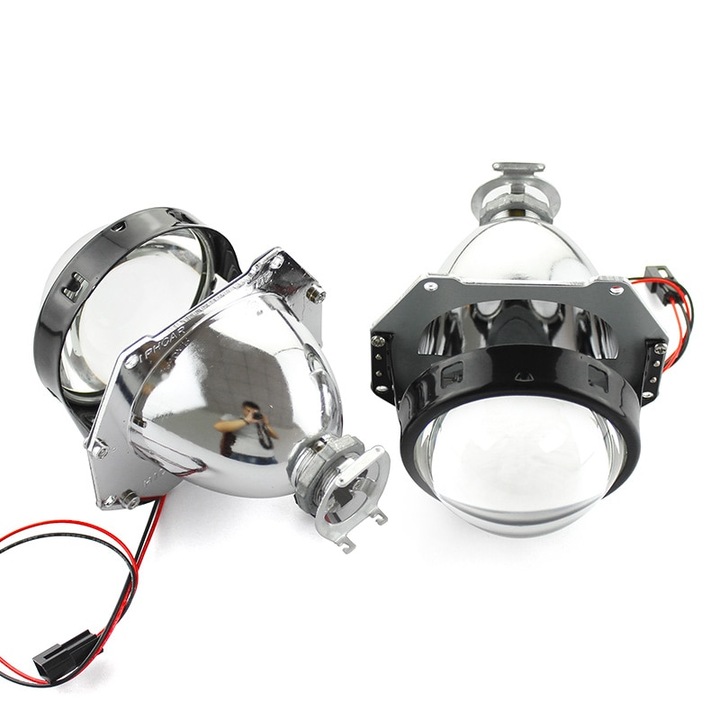 Set 2 lupe Bifazice Bixenon Biled Mini H1 3 inch, lungime 12cm, universale cu ornamente cromate ZKW BMW E46 incluse
