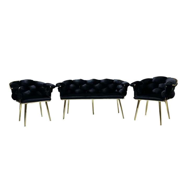 Set canapea 2 locuri cu 2 fotolii modern luxury 3 globalmobila textil 143x64x80 cm black
