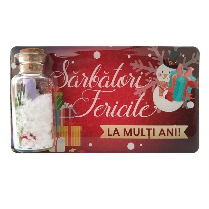 Magnet din plastic cu urari de sarbatori si sticluta decorativa cu ravas, M3, 8X5 cm