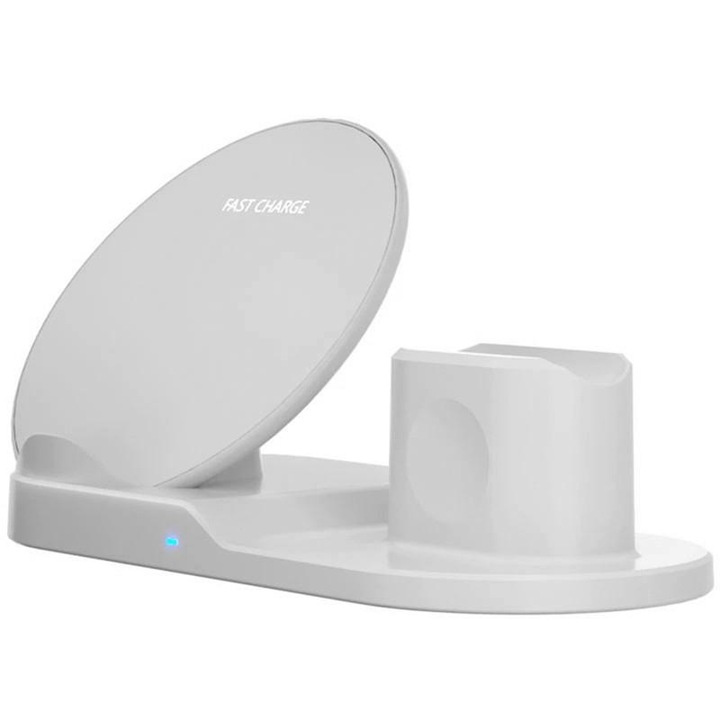 Incarcator wireless rapid 3 in 1 pentru telefon, ceas si casti, statie de incarcare compatibila cu Android si IOS si orice dispozitiv activat, alb