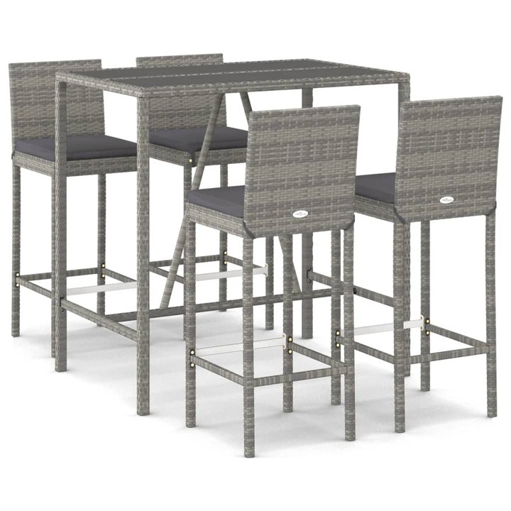 Set mobilier bar de gradina vidaXL, cu perne, 5 piese, gri, poliratan, 32.6 kg