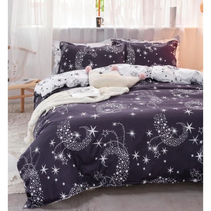 Двойно спално бельо, 4 части, щампа със звезди, 2 лица, 240x250 см, сатениран памук, сиво бяло