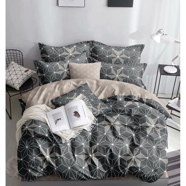 Lenjerie pat dublu, 4 piese, imprimeu stelute, 2 persoane, 240x250cm, Material Bumbac Satinat, Gri Bej