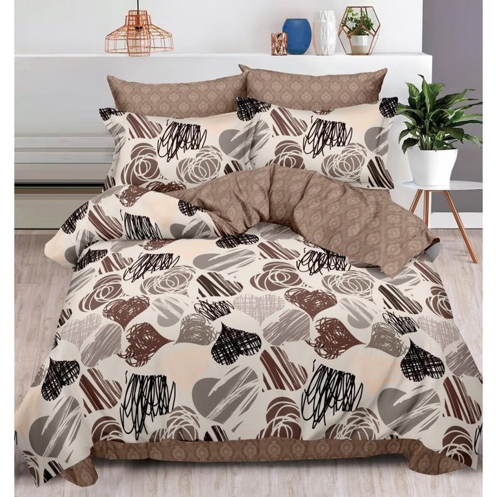 Lenjerie pat dublu, 6 piese, imprimeu floral, 2persoane, 240x250cm, Material Bumbac Satinat, Bej Multicolor
