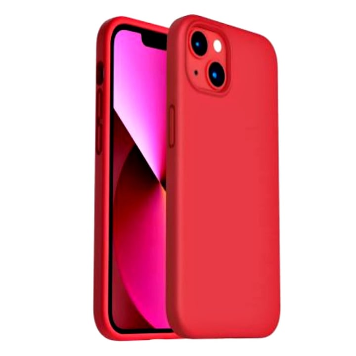 Кейс за Apple iPhone 14, Silicon Cover с кадифена вътрешна част и защита на камерата, червен, атлас
