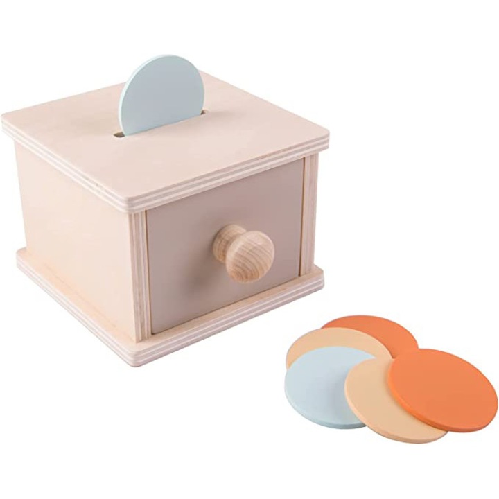 Jucarie educativa Montessori din lemn, BYONDSELF®, sertar din lemn cu jucarii cu monede in 3 culori, pentru bebelusi de la 2 ani