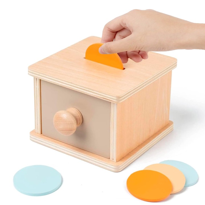 Jucarie Educativa Montessori Din Lemn, BYONDSELF®, Sertar Din Lemn cu Jucarii cu Monede in 3 Culori, pentru Bebelusi 6 Luni, 1 An, 2 Ani, 3 Ani