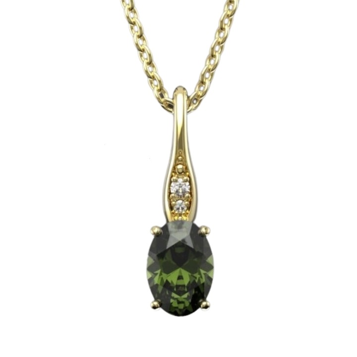 Női medál A-B, gyémánt, moldavit, 14K sárga arany, 0,0183Ct
