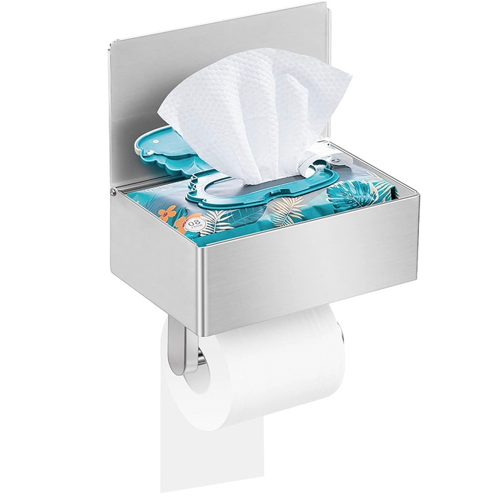 Държач за тоалетна хартия, Quasar & Co., с рафт за съхранение и рафт за мокри кърпички, 20,5 x 13 x 15,5 cm, метал, сив
