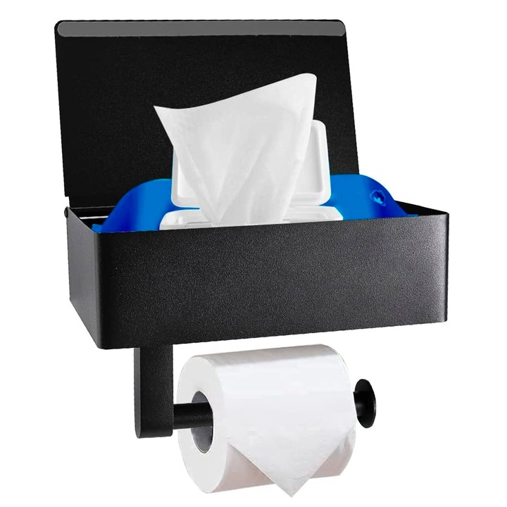 Държач за тоалетна хартия, Quasar & Co., с рафт за съхранение и рафт за мокри кърпички, 20,5 x 13 x 15,5 cm, метал, тъмночерно