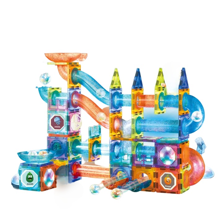 Конструктор, STEAM, 3D образователни магнитни блокове, Схема с топки, Интерактивни светодиодни светлини, 2 фигури, Няколко режима на строене, 142 части, Над 3 години, Помощна програма 1, Многоцветен