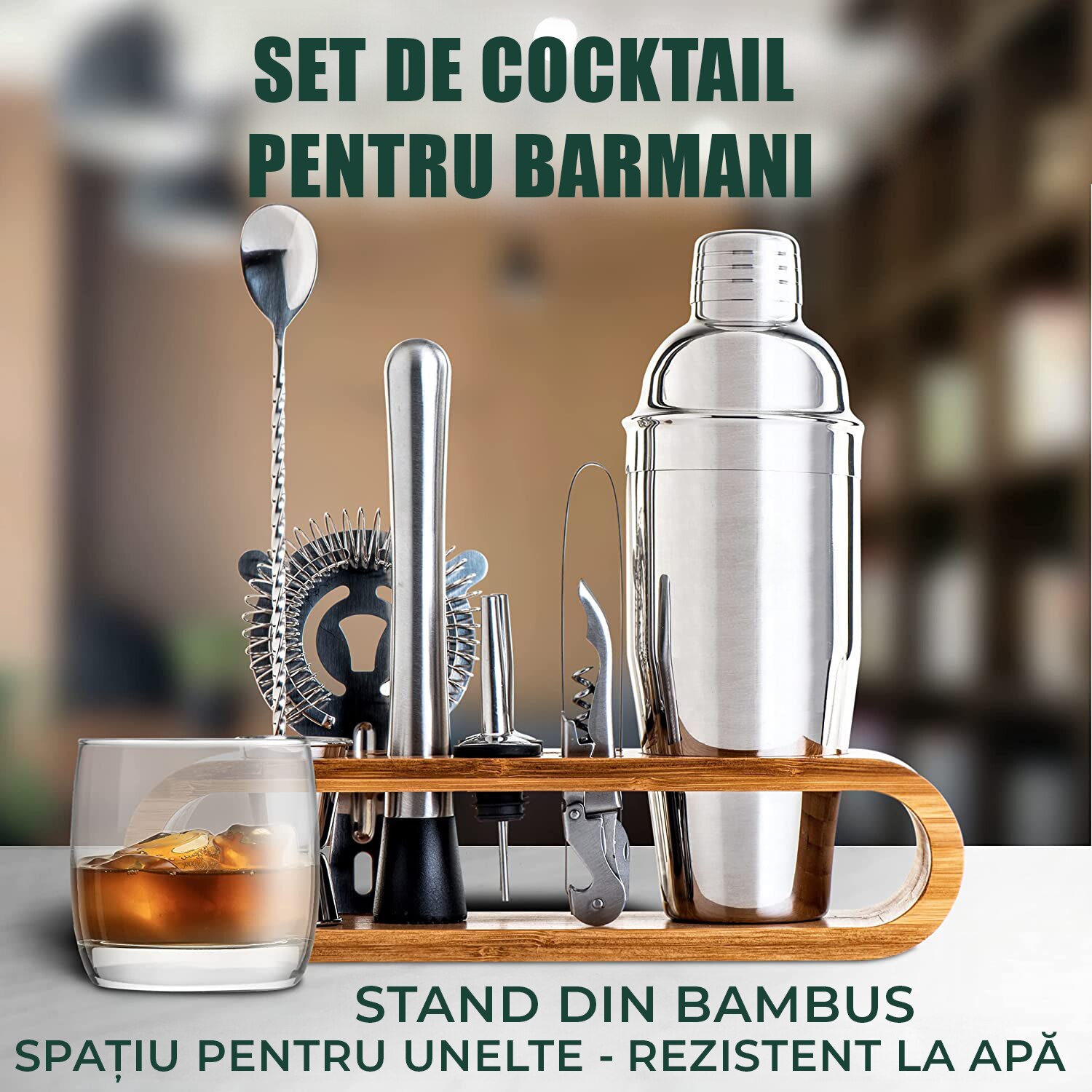 Set barman inox, 17 ustensile bar, kit barman pentru acasa cu suport,  e-Store 