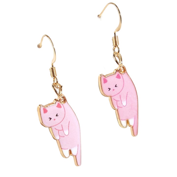 Cercei dama, model dragalas cu pisici jucause, roz, EFAYN