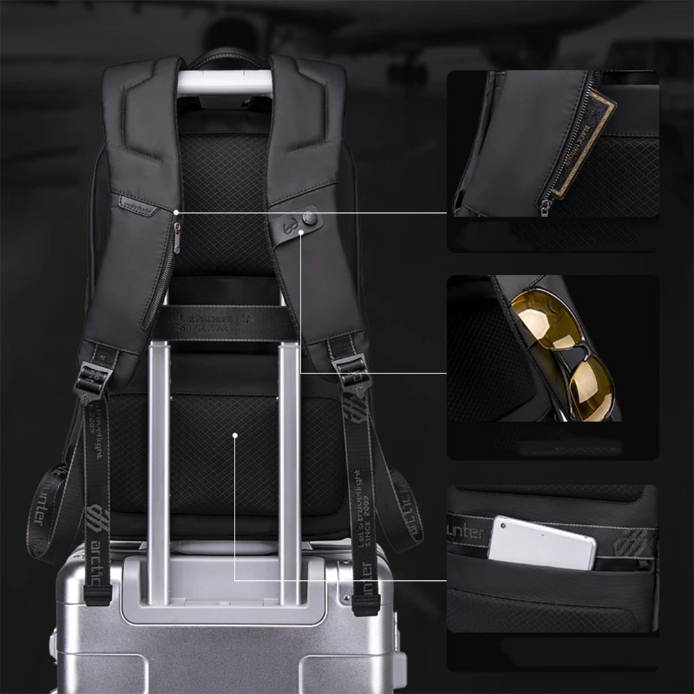 Rucsac laptop 15.6", smart casual, impermeabil, cu orificiu pentru casti, Arctic Hunter, 46x30x15 cm, Negru