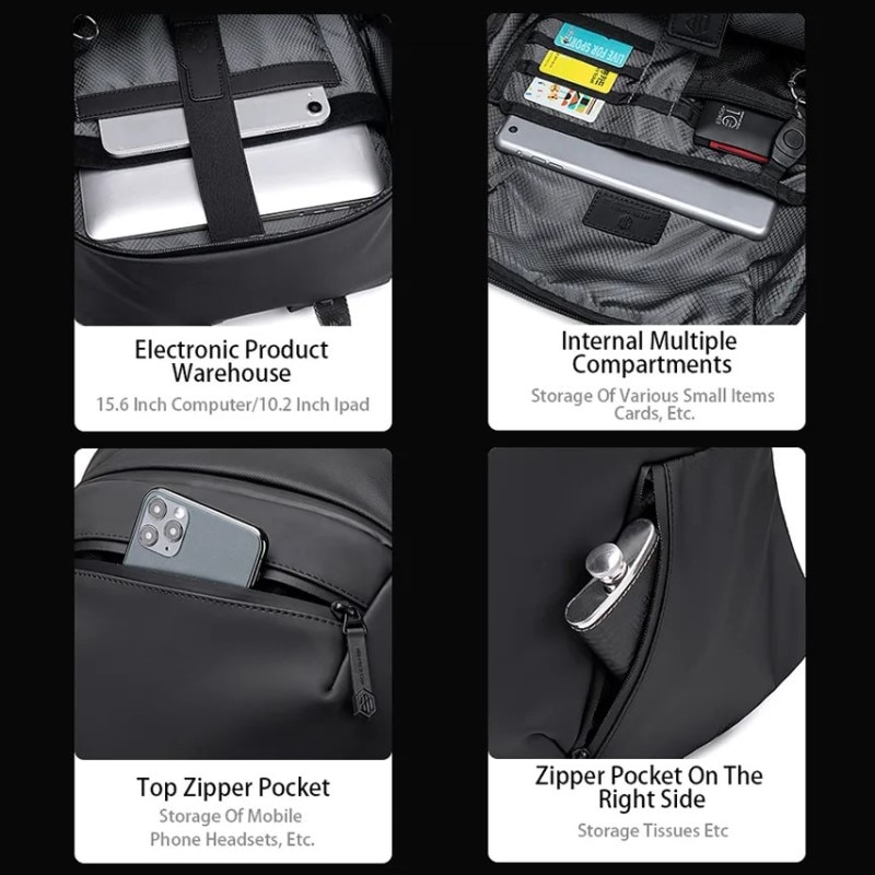 Rucsac laptop 15.6", smart casual, impermeabil, cu orificiu pentru casti, Arctic Hunter, 46x30x15 cm, Negru