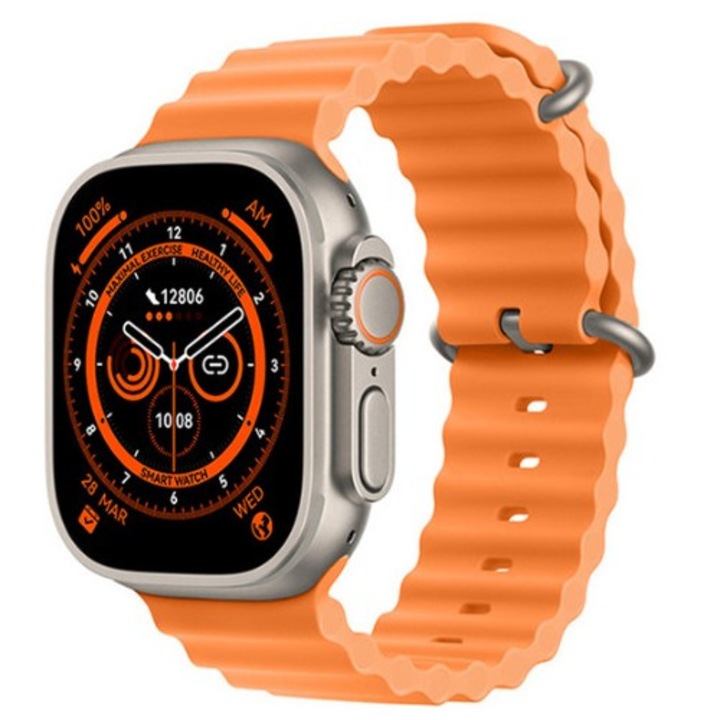 Ceas SmartWatch, Notificari Apel si Retele Sociale, Oximetru SpO2, Ritm Cardiac si Tensiune Arteriala, Termometru, Monitorizare somn, Incarcare Wireless, 105 Moduri Sport, Protectie apa IP68, Portocaliu