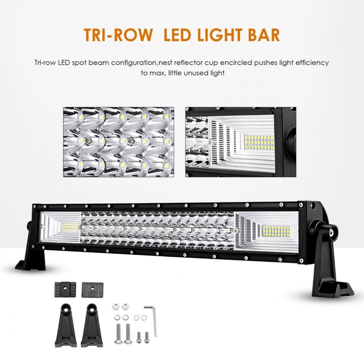 LED Bar Offroad Curbat 594W, leduri pe 3 randuri, 12V-24V, 41580 Lumeni, 42"/107 cm, Combo Beam 12/60 Grade + cablaj alimentare cu releu, siguranta si buton ON/OFF 5500 k