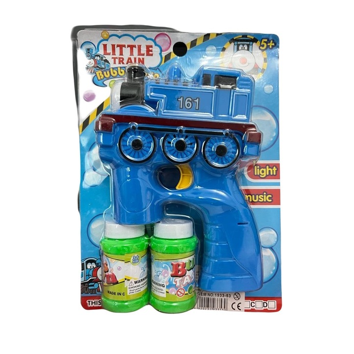 Pistol electric Baloane de Sapun cu baterii, model trenulet albastru, 2 recipiente de sapun, led light si musica, albastru