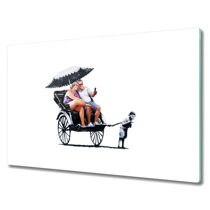 Дъска за рязане, правоъгълник, туристи с рикша с графити, черна, 80 см x 52 см, 010010520060000016636