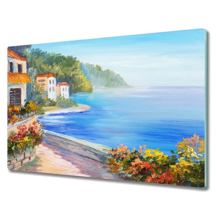 Tocator pe sticla, Dreptunghi, Pictura In Ulei Flori De Coasta Mare Cer, Verde, 80 cm x 52 cm, 010010520060000049416
