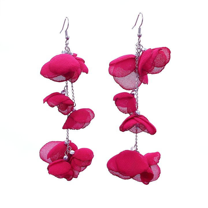 Elegáns hosszú fülbevaló, Zia Fashion, Edina, fátyol virágok, viva magenta, rozsdamentes acél, kézzel készített