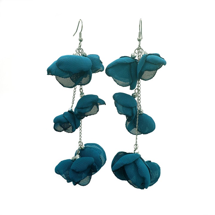 Elegáns hosszú fülbevaló, Zia Fashion, Melisa, fátyol virágok, türkizzöld, rozsdamentes acél, kézzel készített