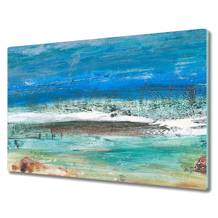 Tocator pe sticla, Dreptunghi, Pictura Abstracta Plaja Valuri De Mare, Albastru, 80 cm x 52 cm, 010010520060000052546
